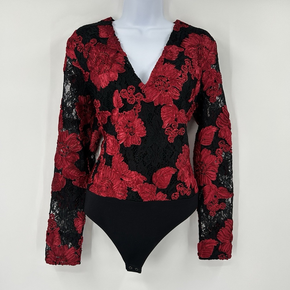Express 3D Whimsigoth Body Suit Top Womens M Vamp Floral Gothic Grunge Witchy